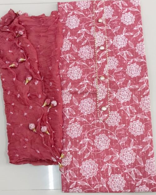cotton suit set pink, with a white floral pattern