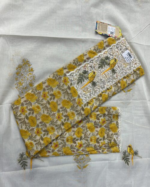 yellow floral print unstitched cotton suit
