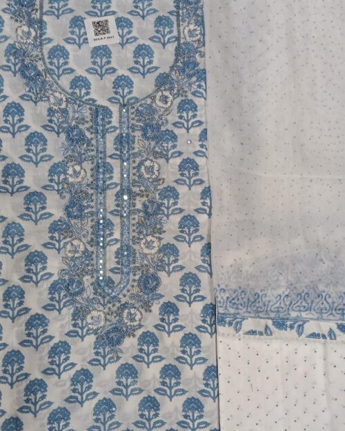 Off-White and Blue Cotton Floral Straight Suit & Dupatta