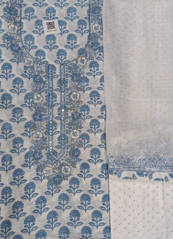 Off-White and Blue Cotton Floral Straight Suit & Dupatta