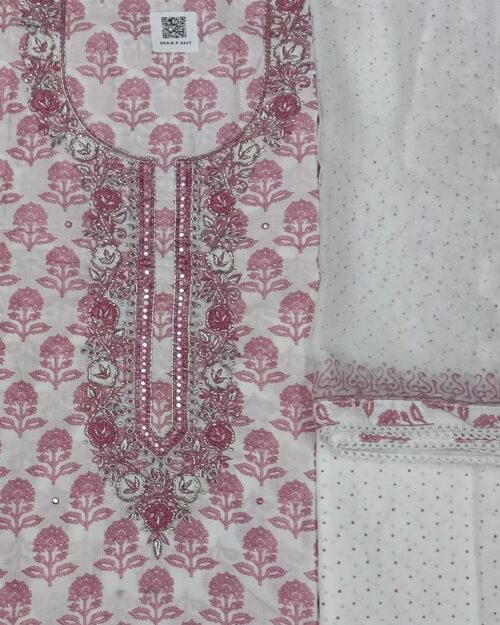 White Cotton Suit with Pink Floral Print & Dupatta