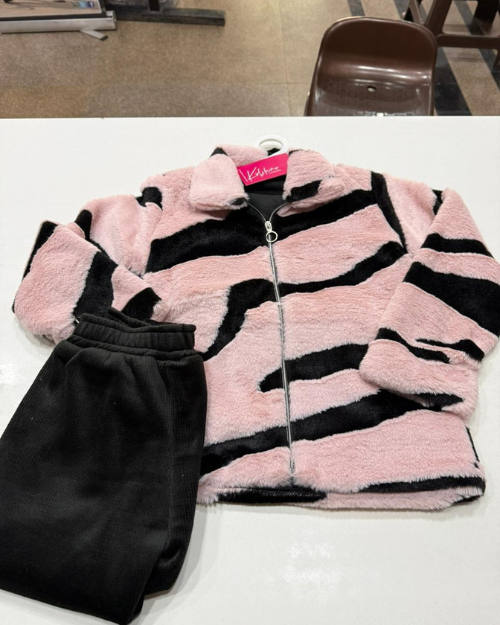 Pink Zebra Print Teddy Jacket with Pants Set