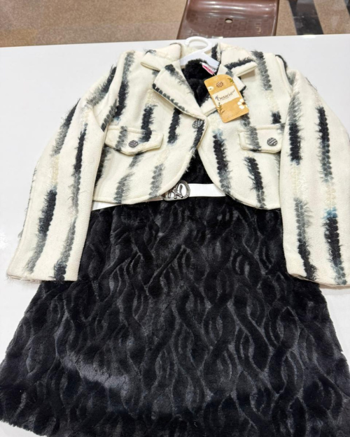 Girls Winter Dress with Printed Fleece Jacket (Black & Cream)