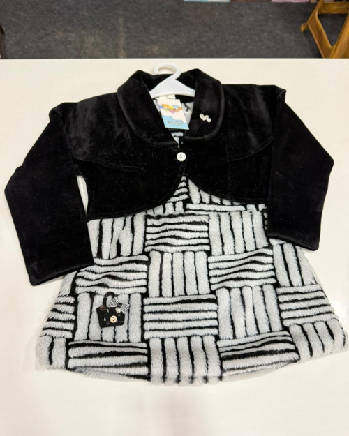 Girls Velvet Shrug with Textured Fleece Winter Dress (Black & Grey)