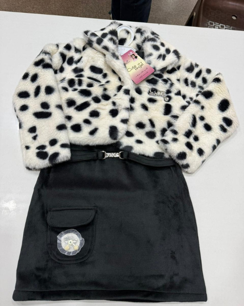 Girls Stylish Leopard Print Fur Jacket & Skirt Set