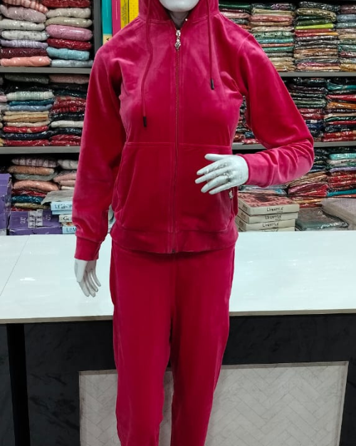 Women Velvet Hooded Tracksuit Set (Maroon)