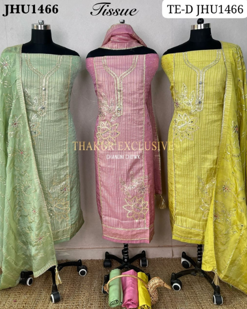 Women Tissue Silk Embroidered Straight Kurti with Dupatta Set